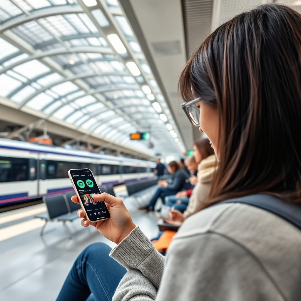 train station waiting area with passenger using smartphone for Spotify music experience, modern French railway station interior, people enjoying interactive music discovery, contemporary transit design, engaging mobile interface