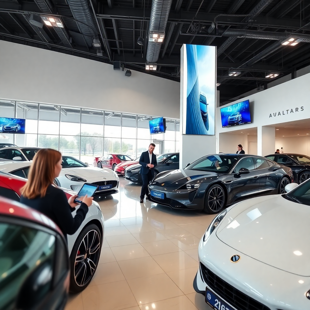 modern automotive dealership showroom with luxury cars, digital displays, sales team using tablets, customer service areas, bright contemporary design