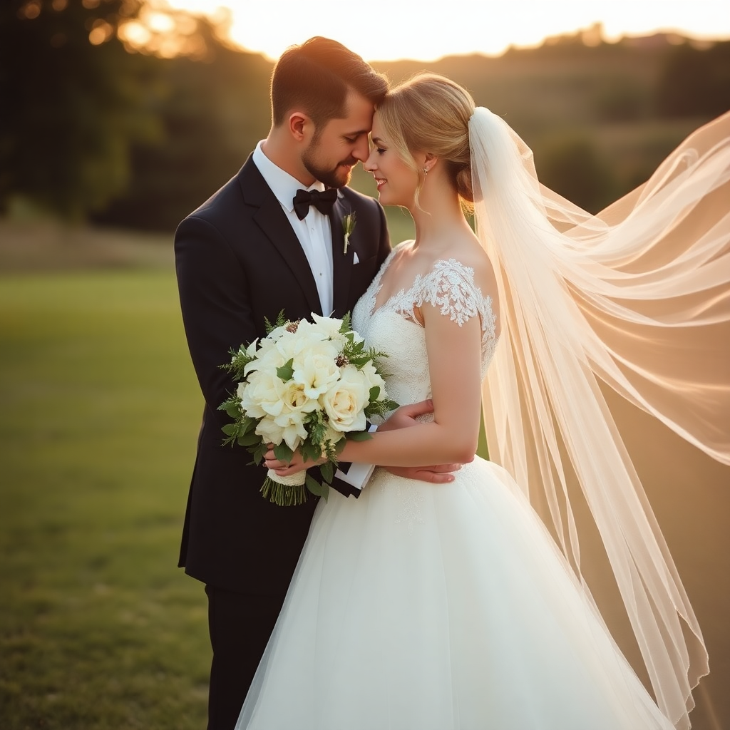 elegant wedding couple portrait outdoors golden hour natural light romantic