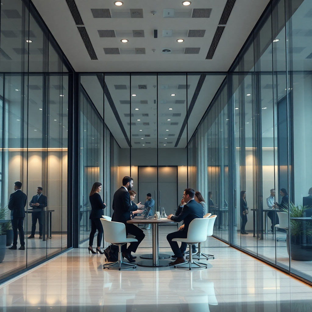luxury modern office interior with glass walls and business people in suits having meeting