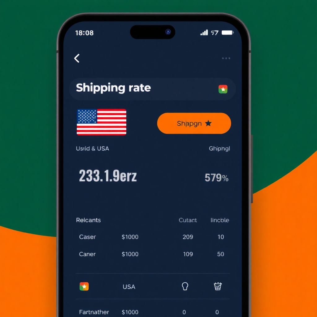 mobile app UI showing shipping rates calculator between USA and Ghana, clean modern interface with dark green and orange colors