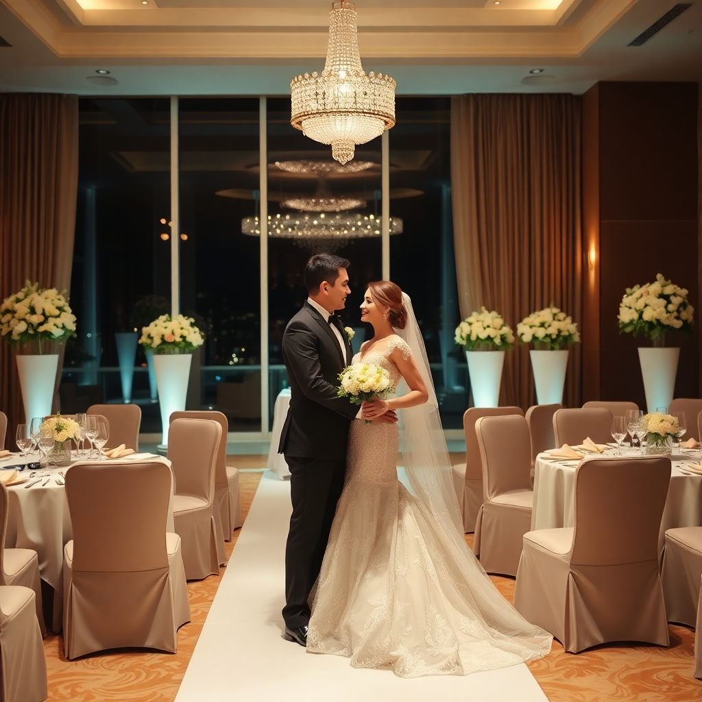 luxury hotel wedding celebration, elegant bride and groom, beautiful venue decoration, special moments