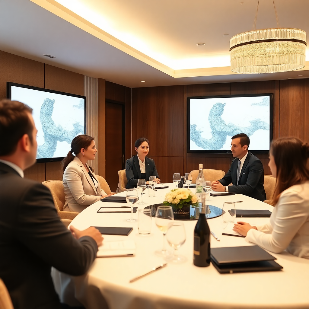 business guests in hotel conference room, professional meeting, luxury corporate hospitality