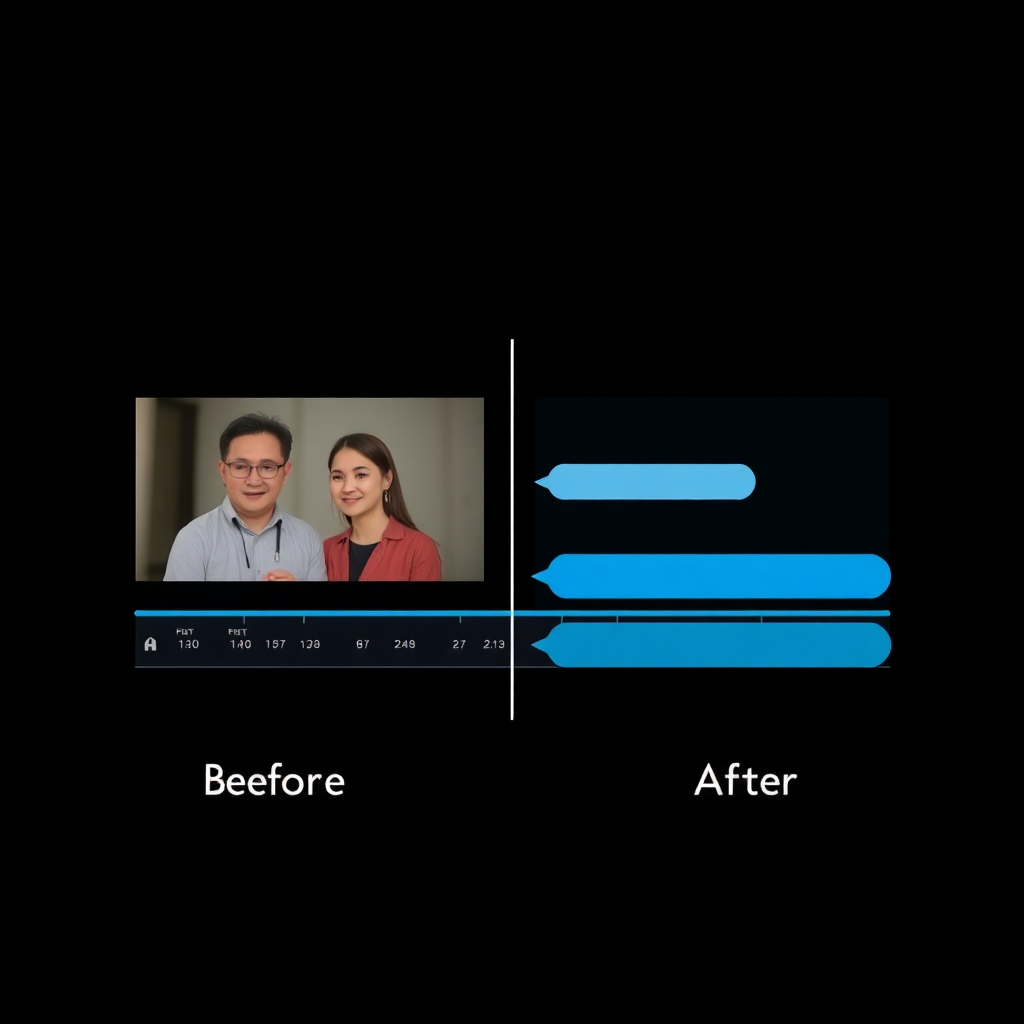 video editing timeline interface with ai chat conversation overlay showing before and after transformation