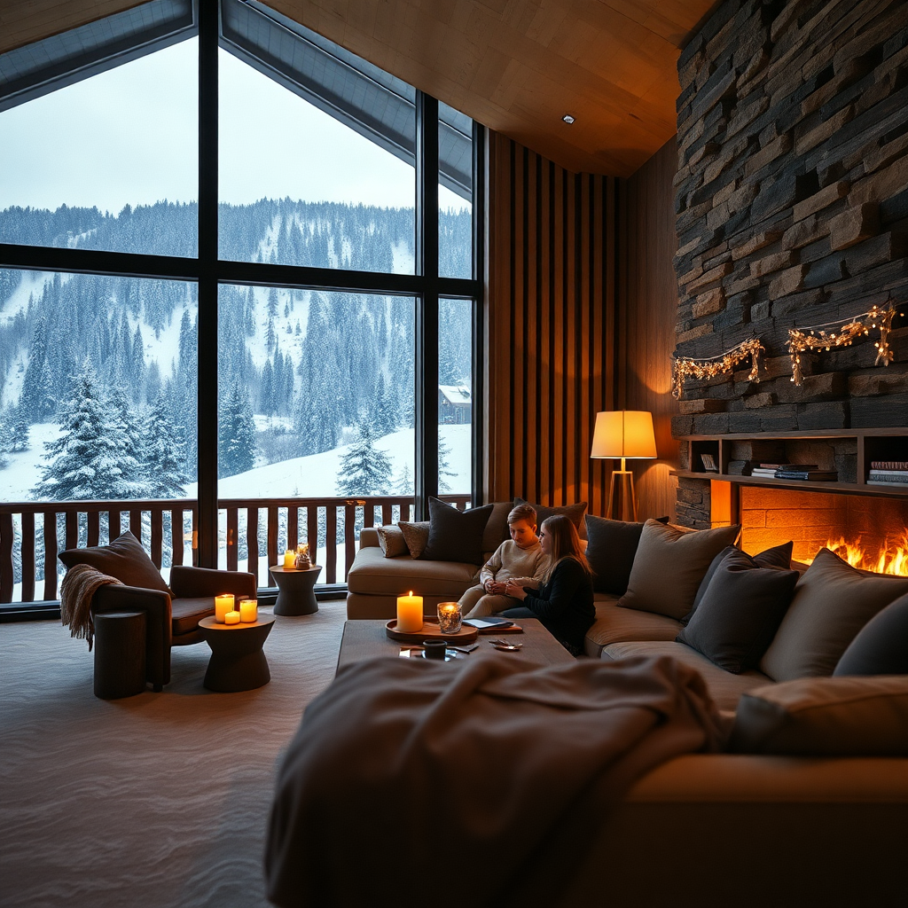 family ski holiday Andorra Grandvalira parents children private residence warm interior winter snow luxury editorial photography dark cinematic champagne gold tones alpine family winter home