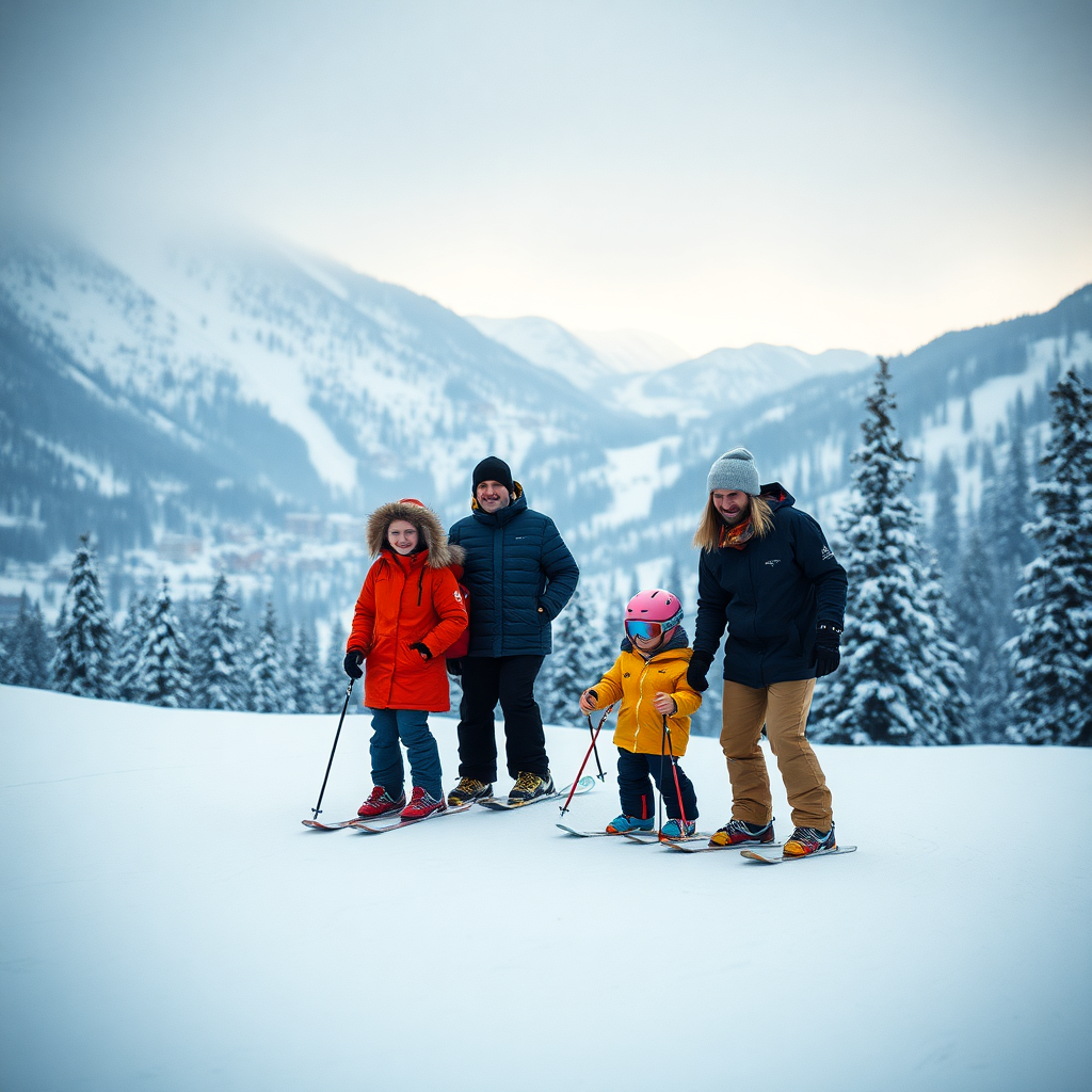 family ski holiday Andorra Grandvalira parents children ski slopes mountain winter snow luxury editorial photography dark cinematic champagne gold tones alpine