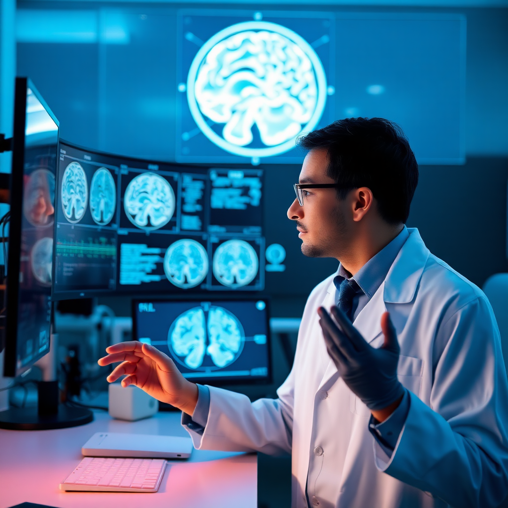 scientist in lab coat analyzing brain scan data with advanced technology, scientific research environment, cool blue lighting
