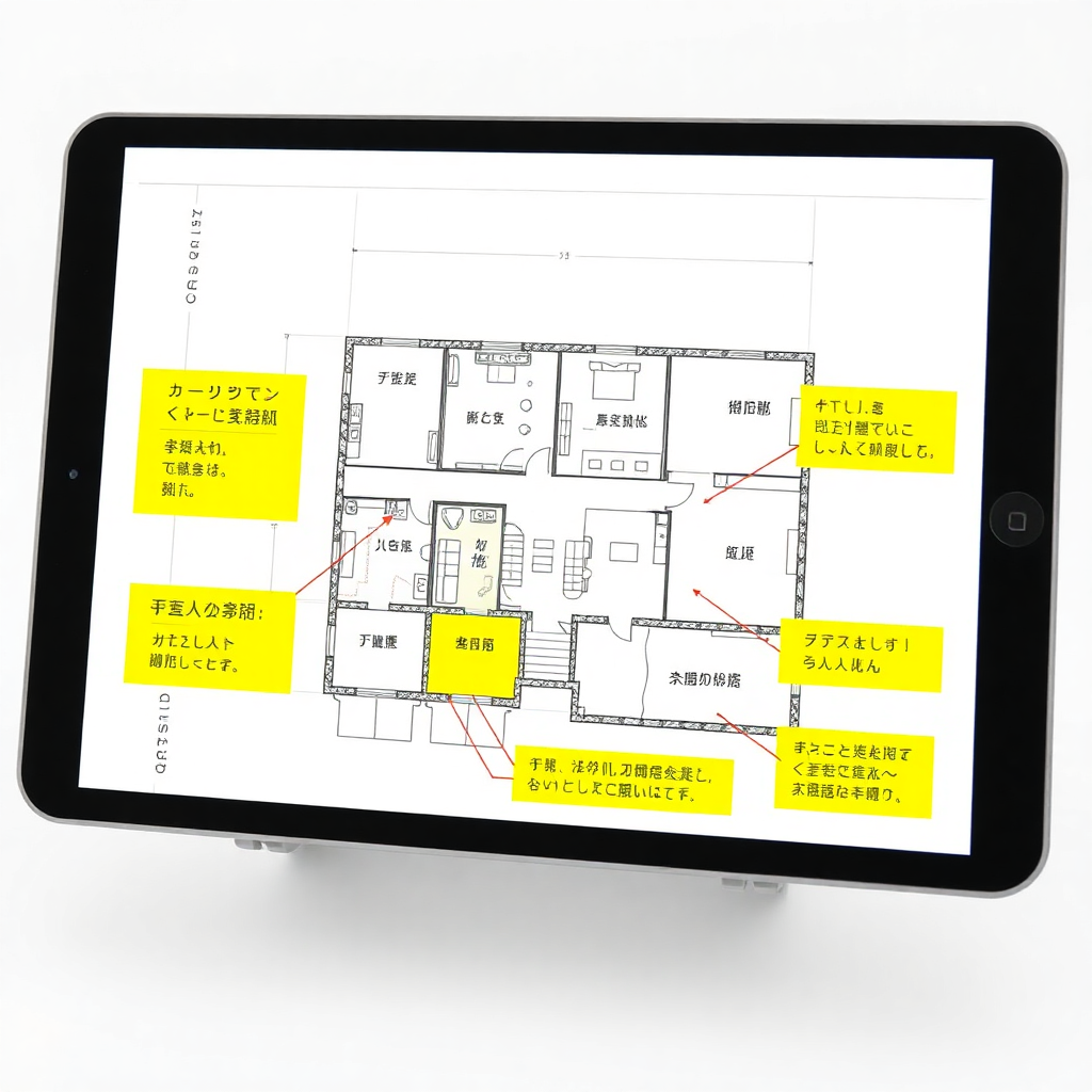 architectural floor plan drawing with highlighted areas in yellow and japanese text annotations on a tablet screen