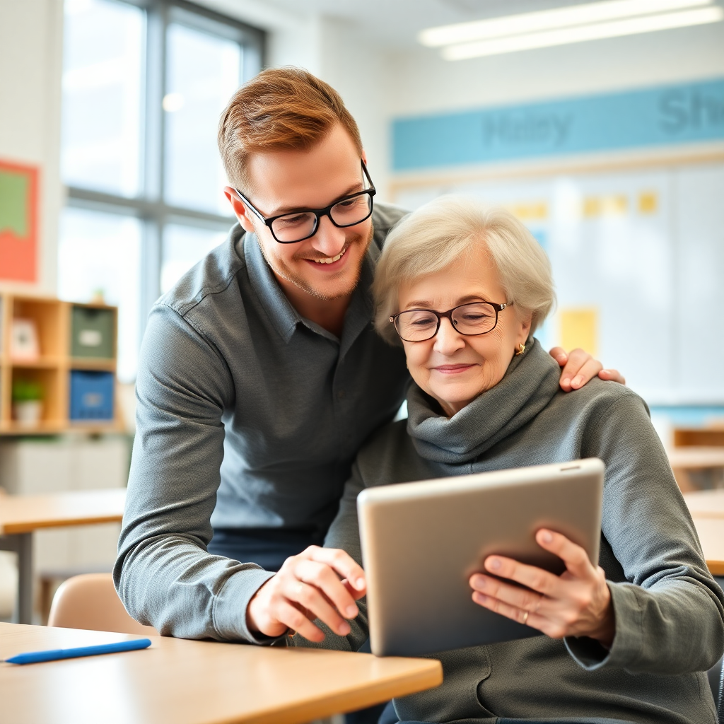 senior learning to use tablet with friendly instructor, bright classroom setting, encouraging atmosphere, educational photography