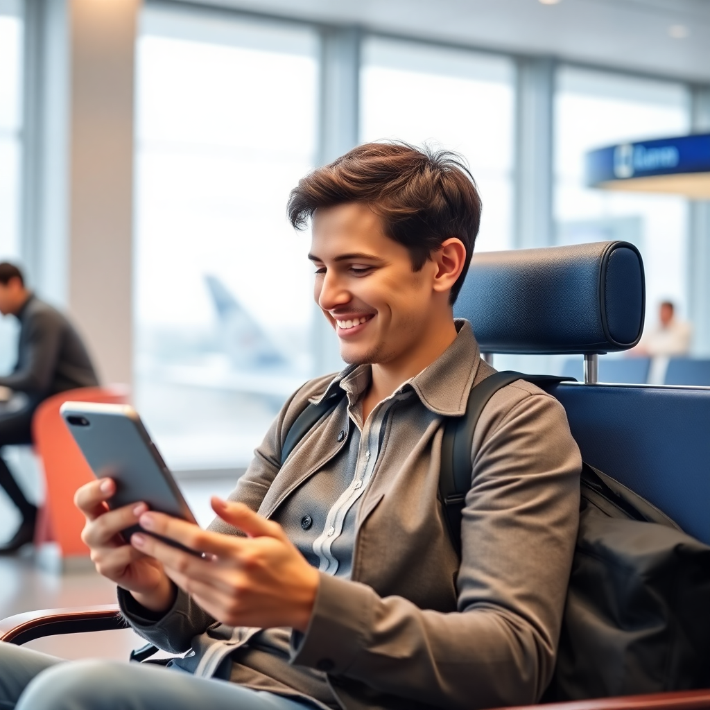happy relaxed traveler using a sleek AI travel app on phone, smiling, calm airport lounge, modern minimal interface, soft blue tones, lifestyle photography