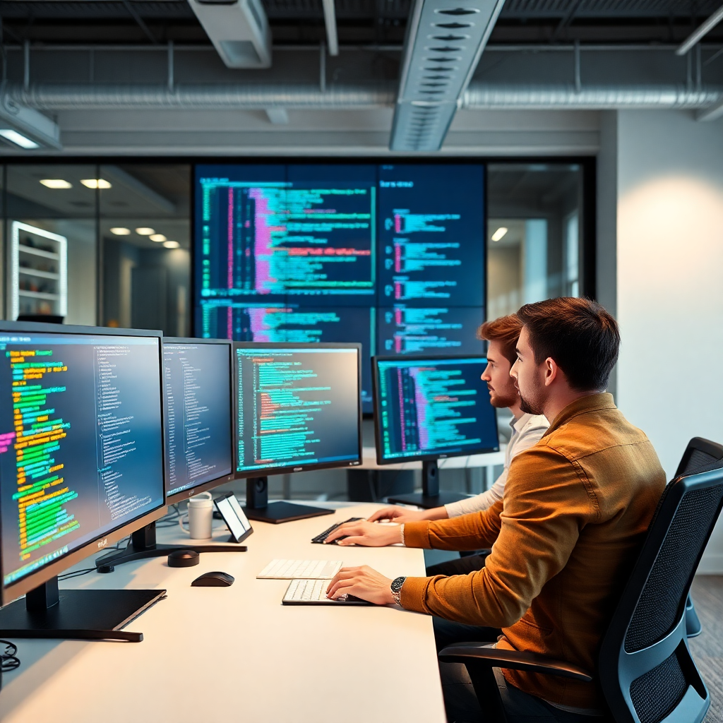 software development team working on AI algorithms with multiple monitors showing code and neural networks, modern office setting