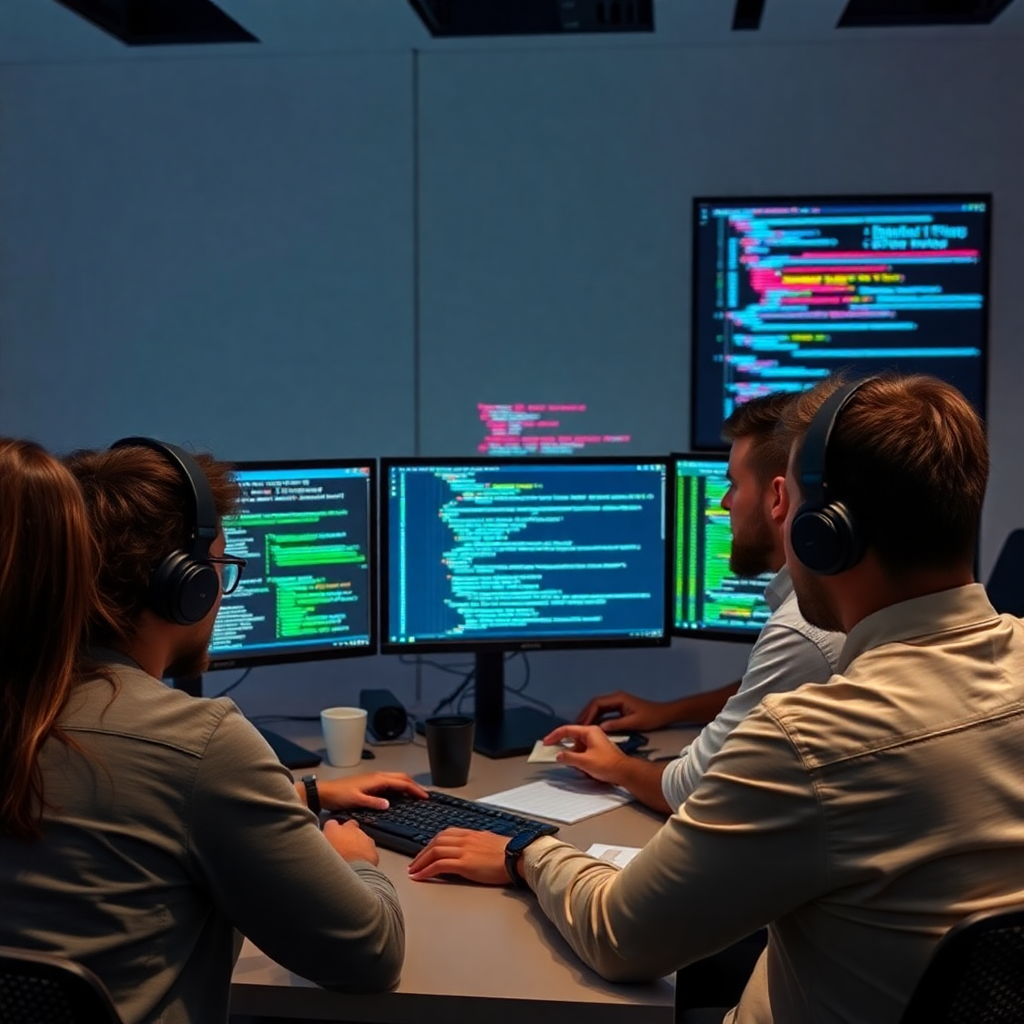 software development team working on code, modern programming environment, multiple monitors with code, professional developers workspace