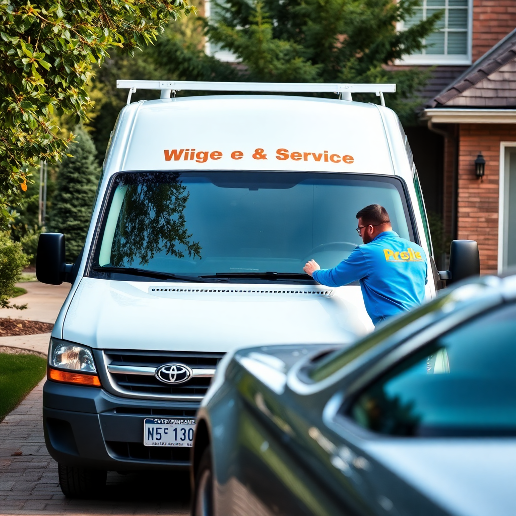 mobile windshield replacement service van at customer home, technician working on car in driveway, professional service