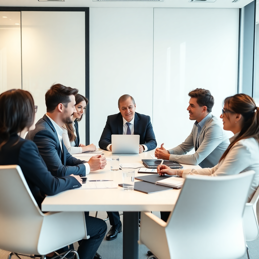 professional business team in modern office, corporate meeting room, diverse professionals collaborating
