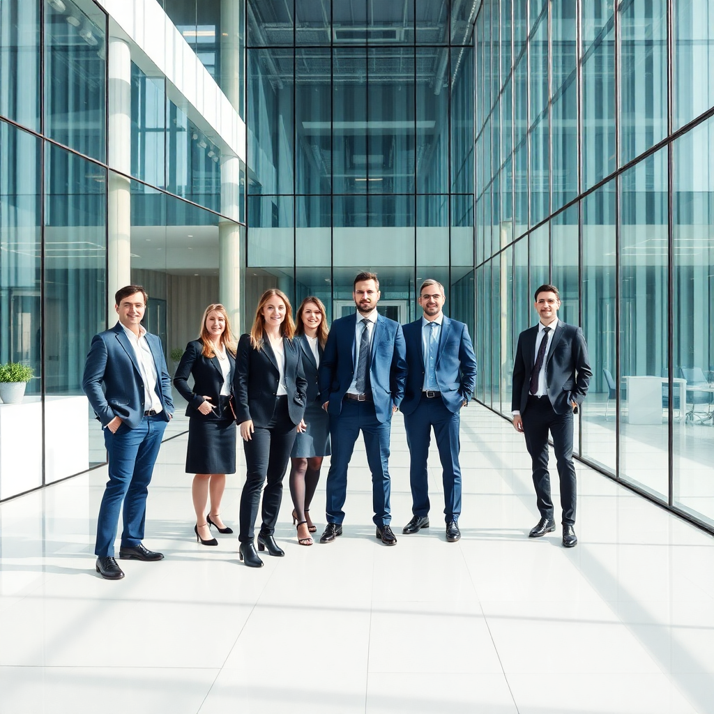 professional business team in modern corporate office, glass building architecture, business excellence
