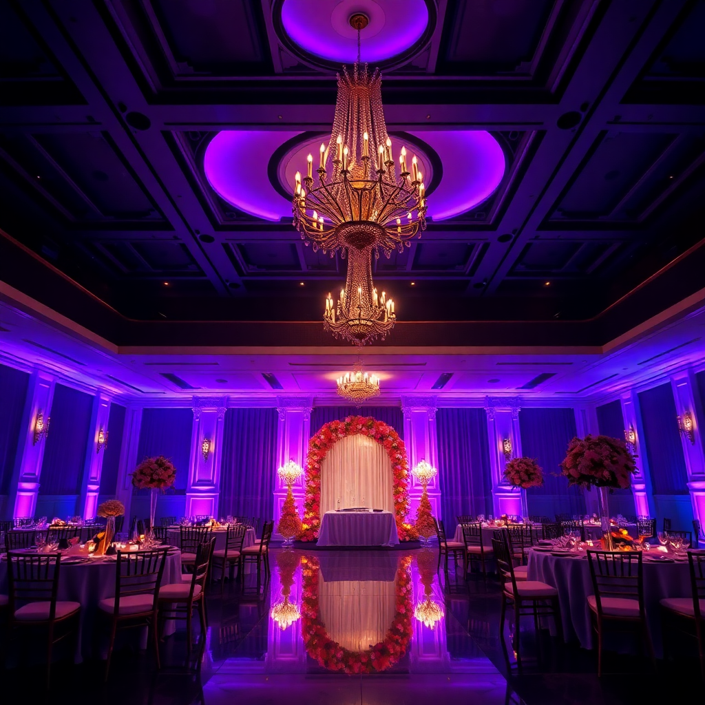 luxury wedding venue interior with purple and gold lighting atmospheric dark mood