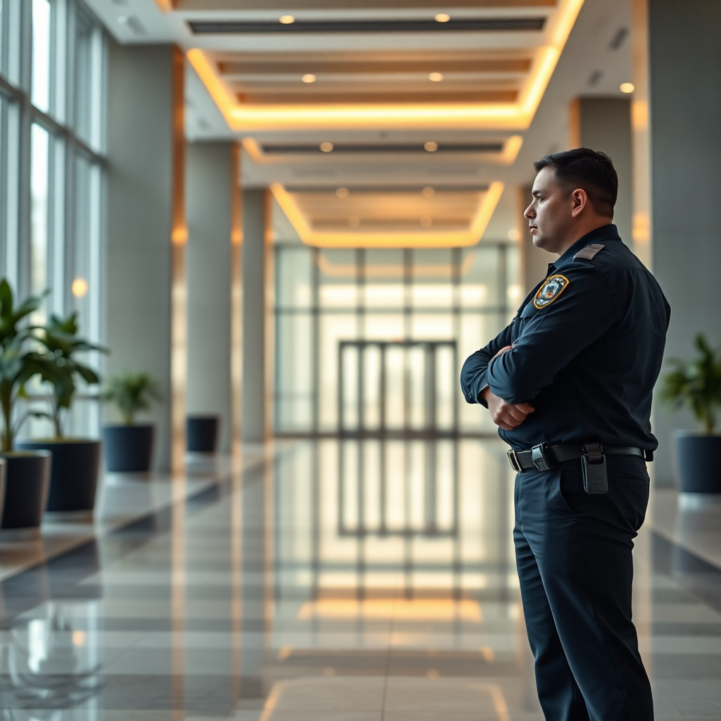 professional security guard standing in a modern corporate lobby, vigilant and professional posture, wide shot, cinematic lighting