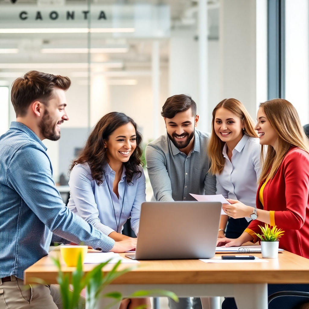 professional team working together in modern office, collaboration and productivity, bright and colorful