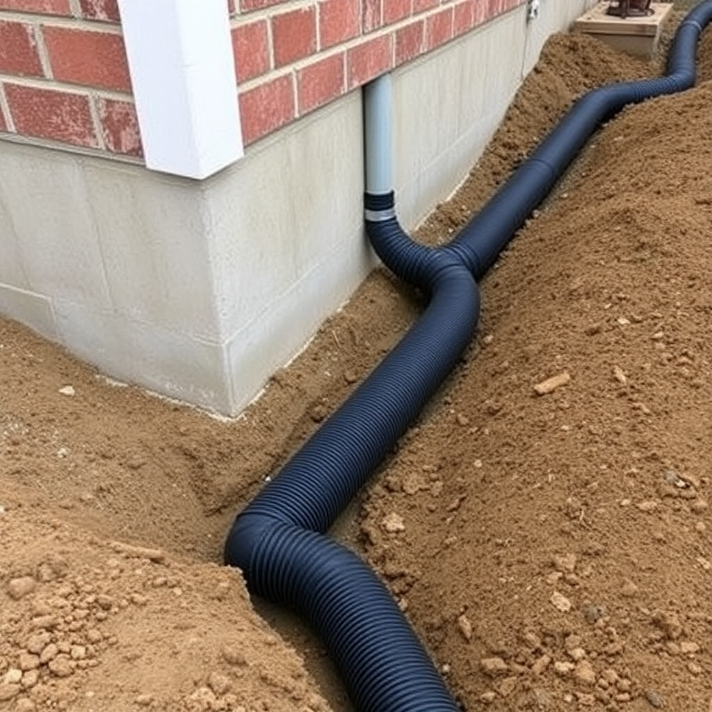 installation of drainage pipes and channels around garage foundation perimeter, black corrugated drainage pipes in trench, professional construction, realistic photography