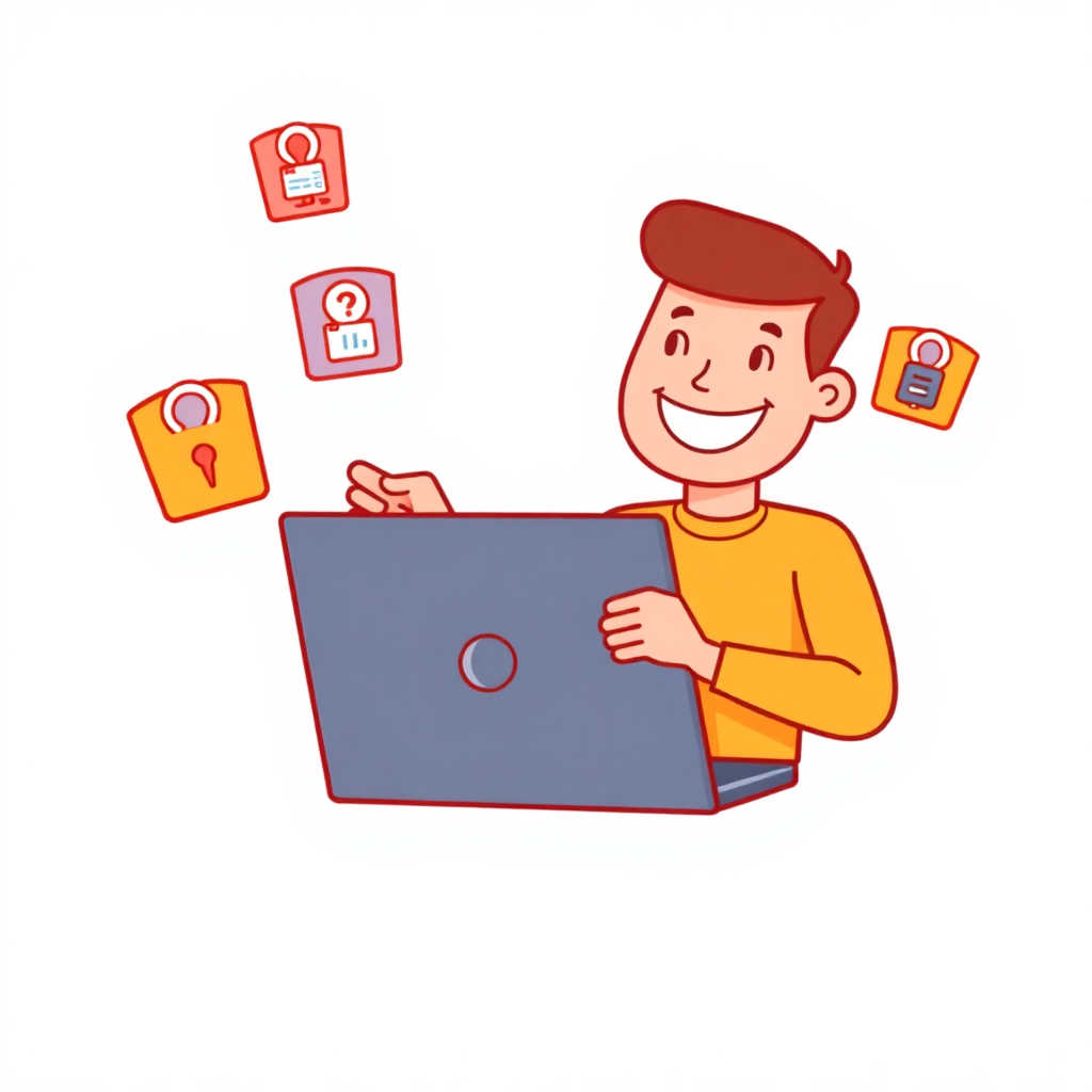 happy user using VPN on laptop with security icons around, modern illustration style, bright cheerful colors
