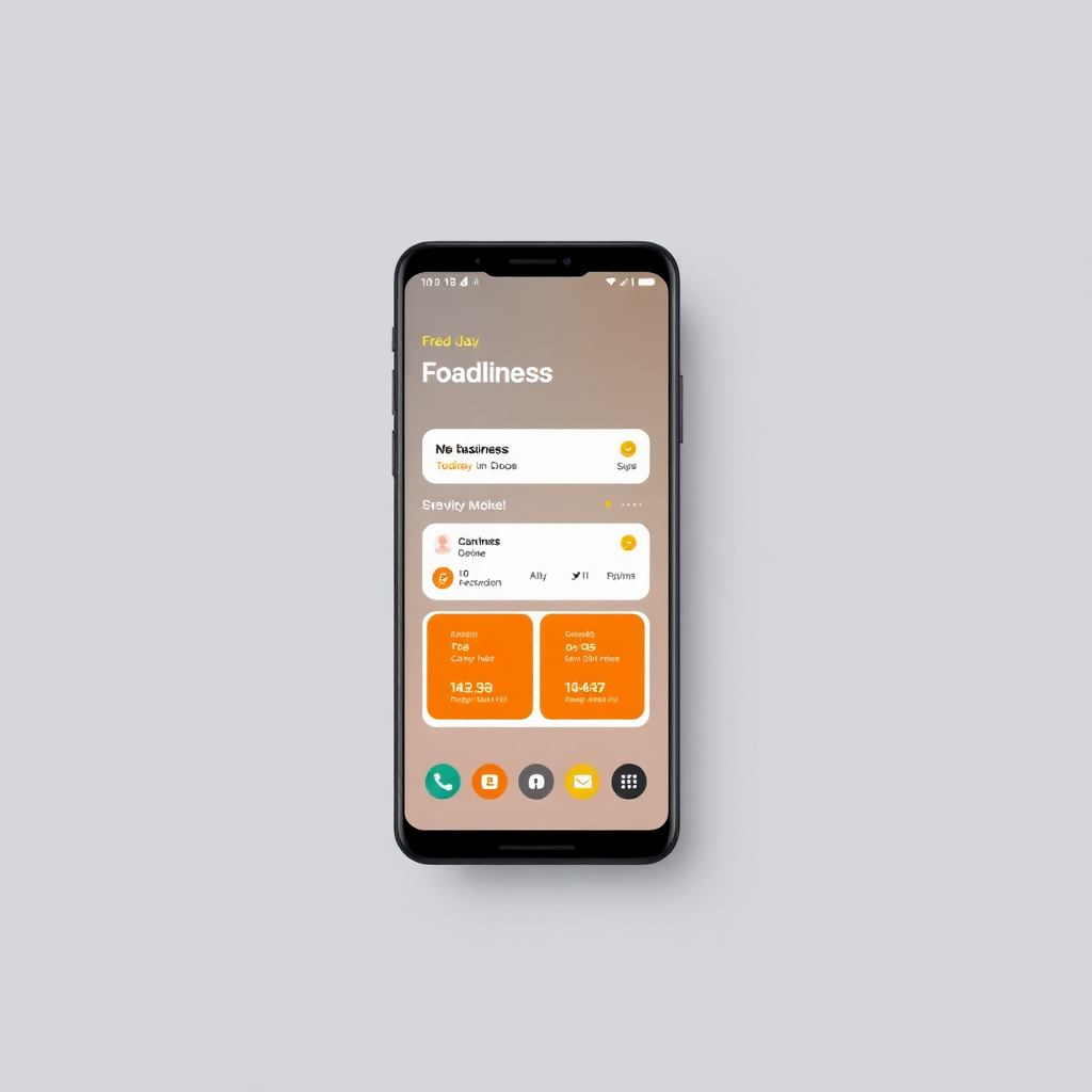 Android telefoon mockup met bedrijfsmobiele applicatieinterface, sleek ontwerp, oranje accenten