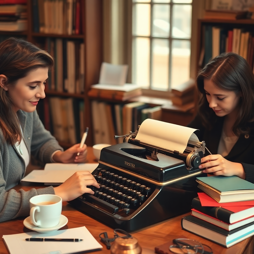 Writers at work, creative writing atmosphere, vintage typewriter, books and coffee, warm lighting, artistic composition