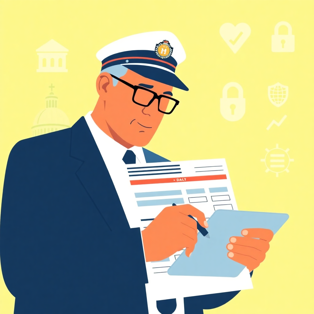 Illustration of a government official filling out a digital form on a large tablet, with data security and verification icons in the background. Flat, clean vector style.