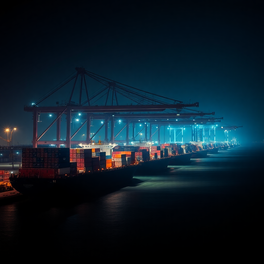 Modern container port at night, dark atmospheric lighting, high tech logistics