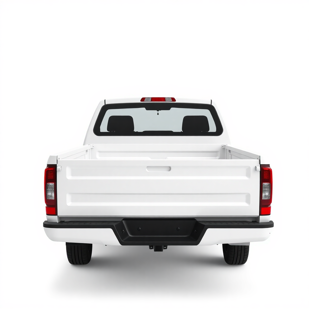 a modern white single-cab pickup truck with an empty bed, side-front view, on a clean white background, photorealistic studio shot