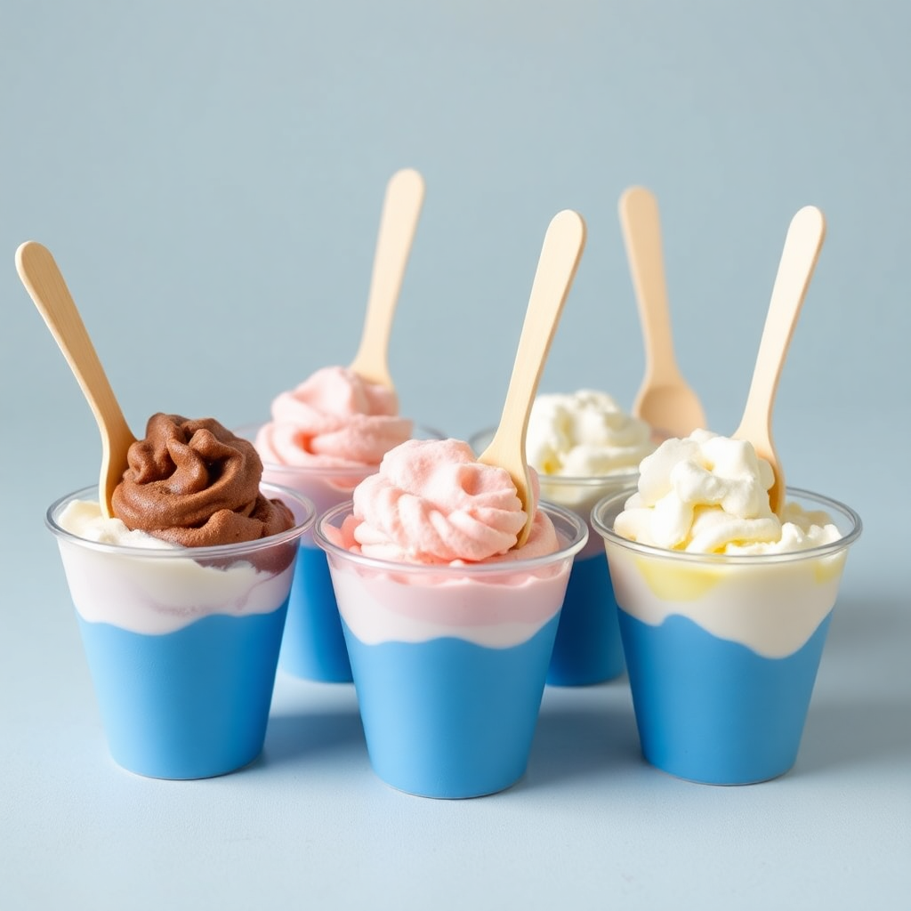 six mini ice cream cups with small wooden spoons, party style