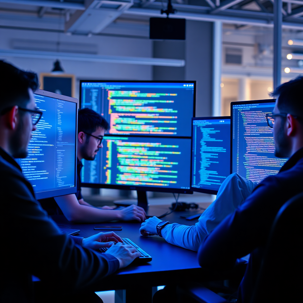 web developers building modern website with code on screens, creative team working, high-tech environment, blue glow