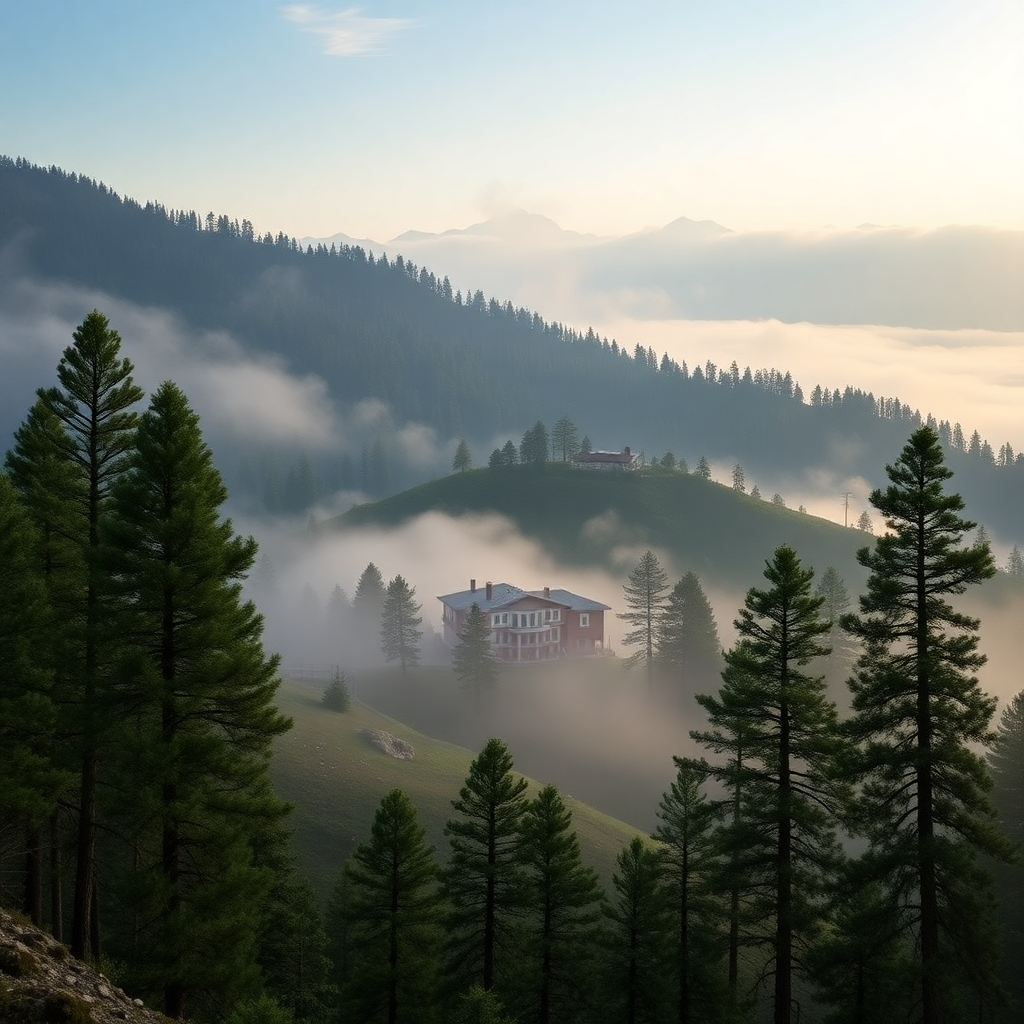 peaceful mountain landscape with luxury cottage in distance, morning mist, serene atmosphere, cinematic photography, Murree hills Pakistan, pine trees