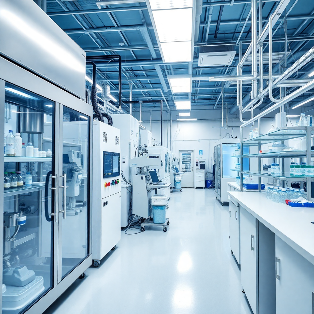 modern pharmaceutical manufacturing facility, chemical plant with laboratory equipment, clean room environment, industrial chemistry, professional pharmaceutical photography