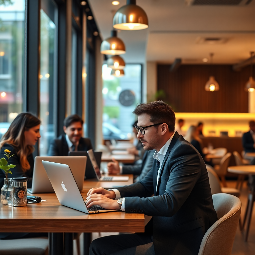 modern cafe with business people working at laptops, professional meeting atmosphere, warm lighting