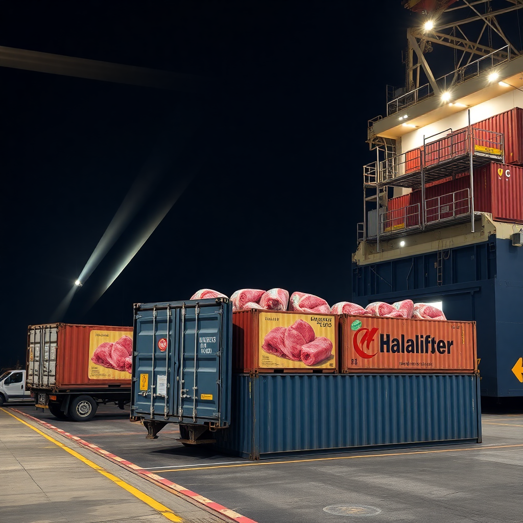 export containers being loaded with halal meat products at port