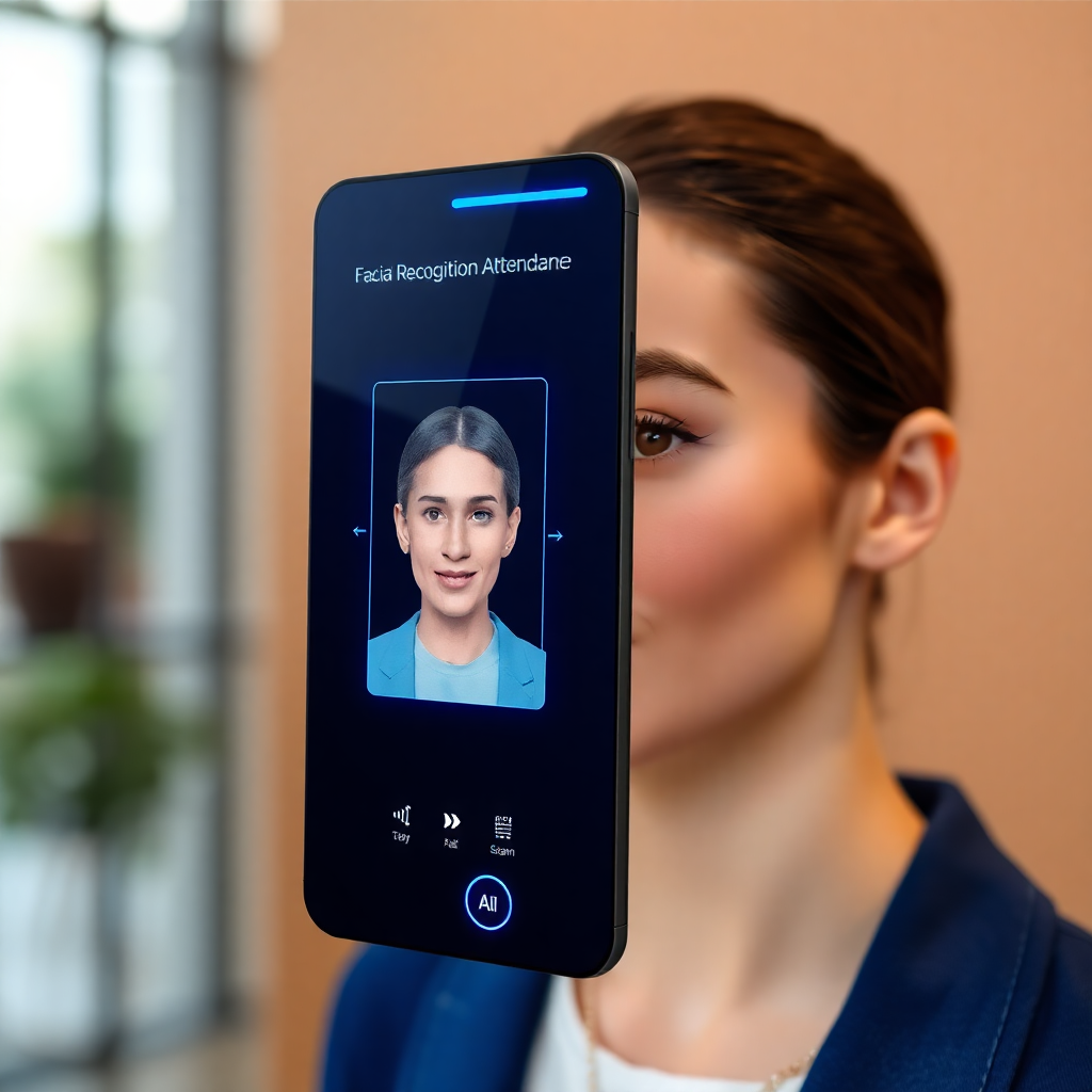 facial recognition attendance system interface with AI face scan technology, modern blue UI, showing biometric authentication screen