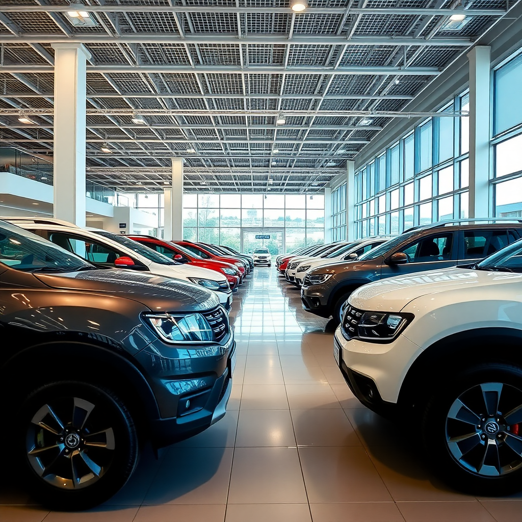 Modern car dealership showroom interior, Dacia vehicles on display, professional automotive retail space, bright lighting