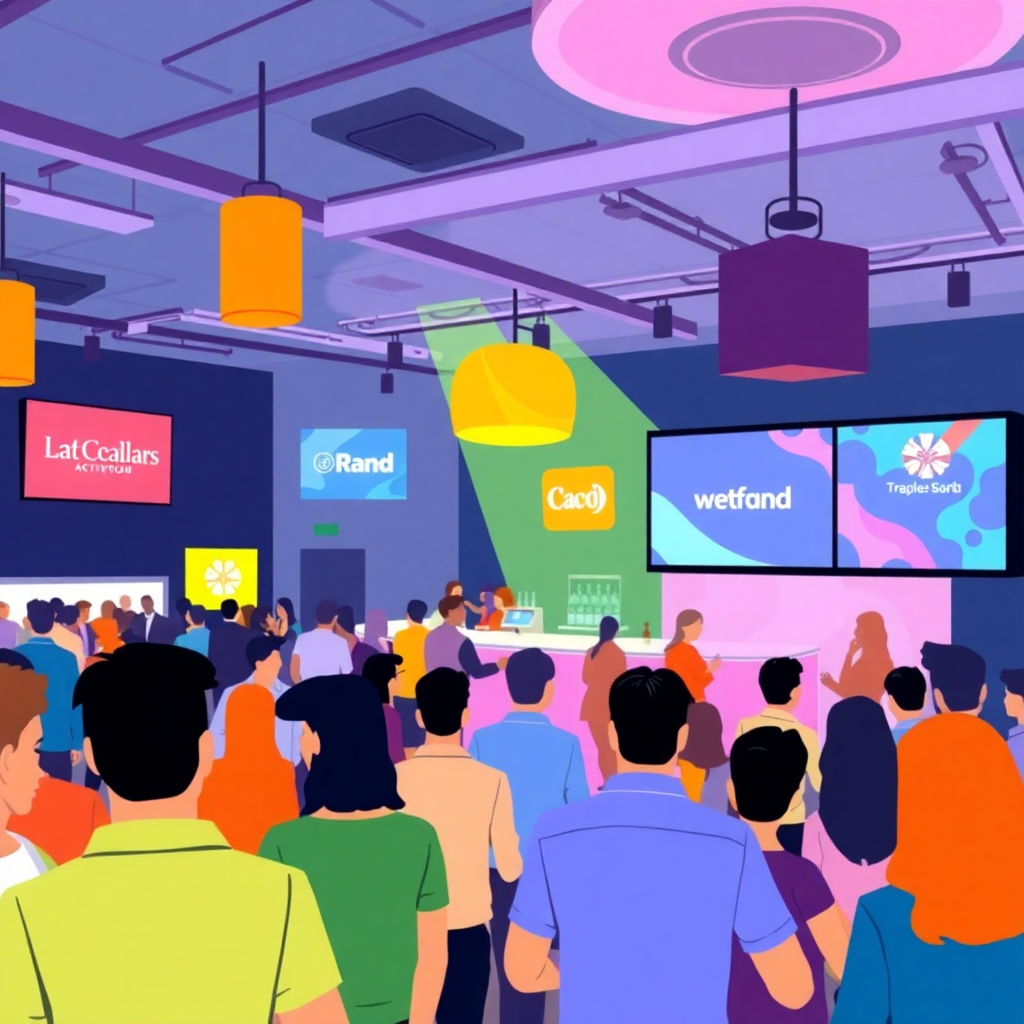 Vibrant illustration of a modern, lively event space with people socializing at a brand activation, a bar in the background, digital screens displaying abstract brand logos. Colorful, flat vector style with a sophisticated feel.