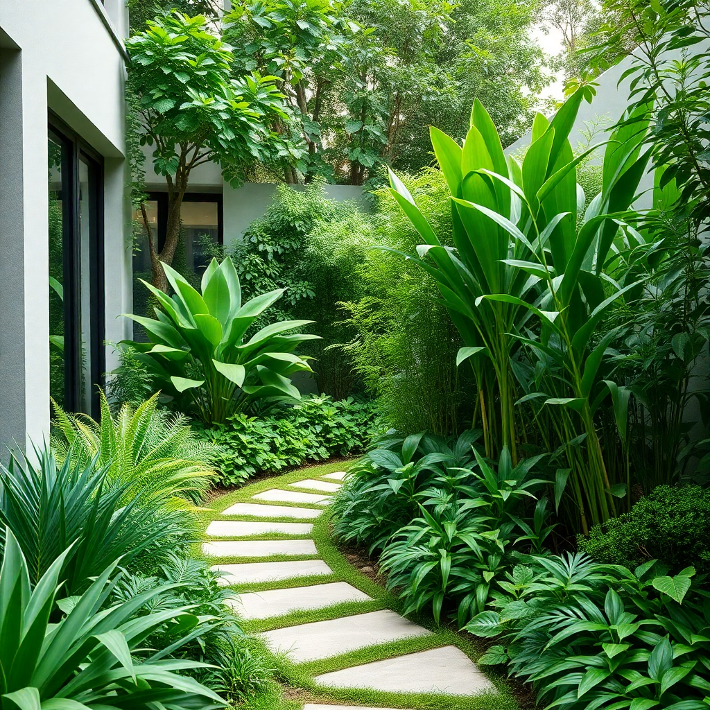 Lush modern garden with a variety of green plants and a stone pathway, vertical aspect ratio