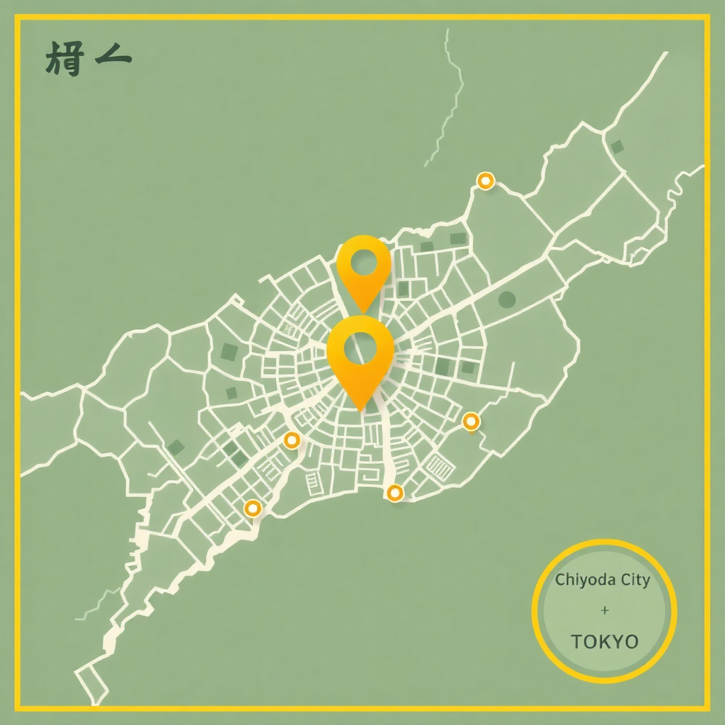 stylized map of Chiyoda City Tokyo with gold marker