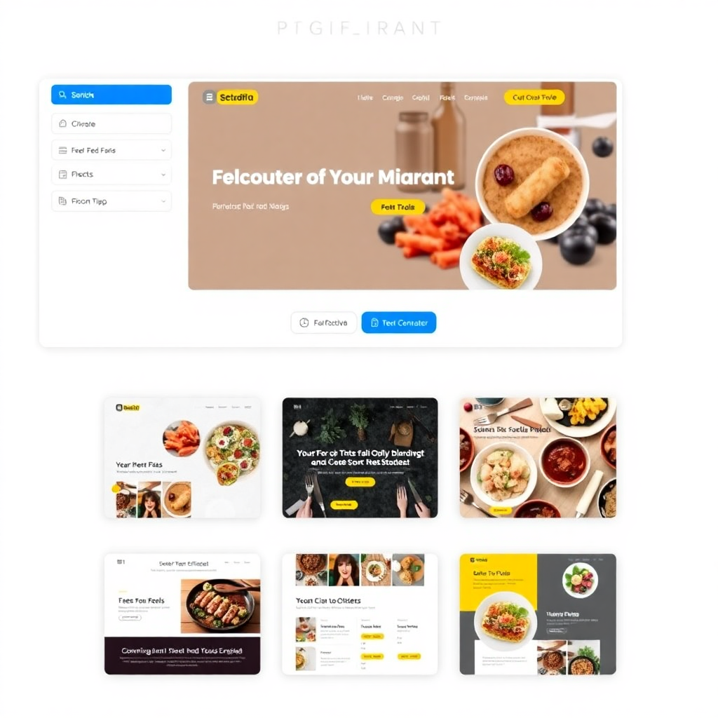 restaurant website theme generator UI showing multiple theme options with modern design, light theme with blue and yellow accents