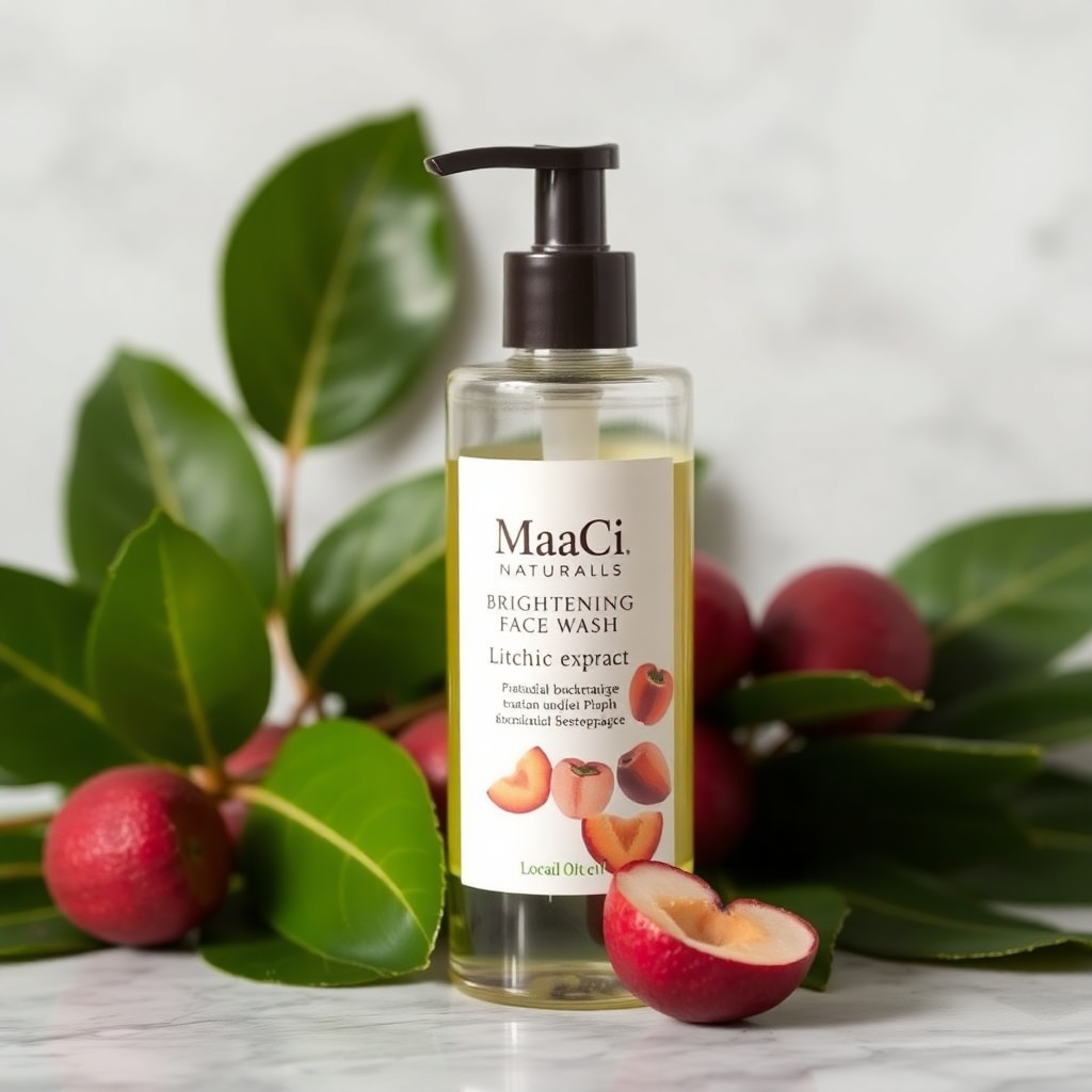 MaaCi Naturals Brightening Face Wash with litchi extract, elegant packaging, natural skincare product photography