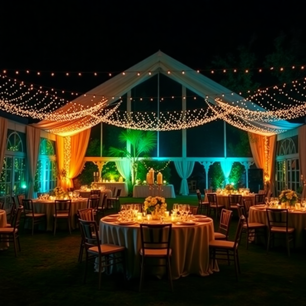 luxury wedding venue at night with fairy lights and elegant table settings