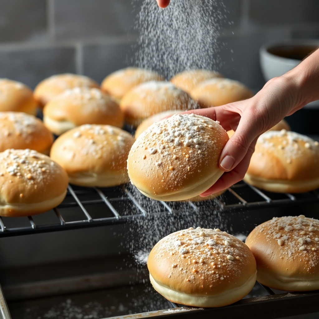 artisan brioche burger buns being dusted with flour in a professional bakery