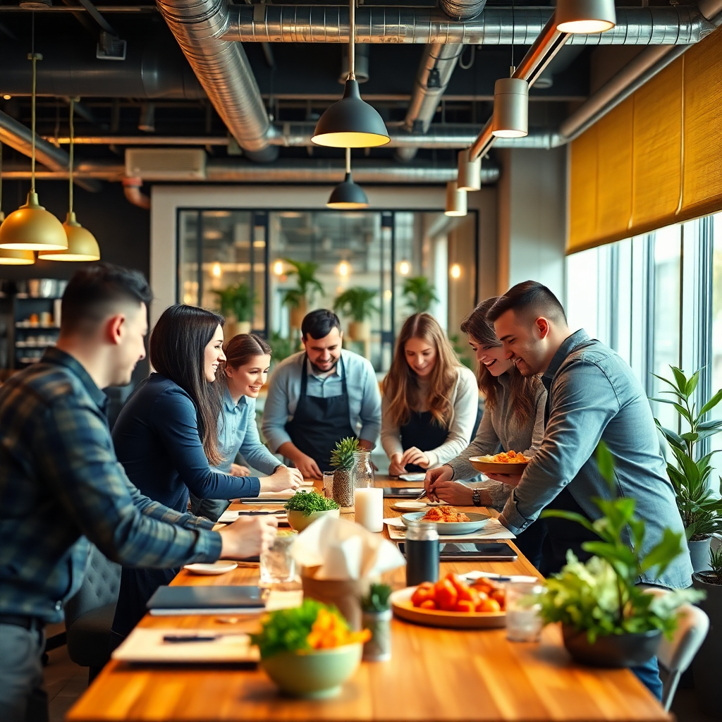 diverse team of restaurant and tech professionals collaborating in a modern office with food elements, warm lighting