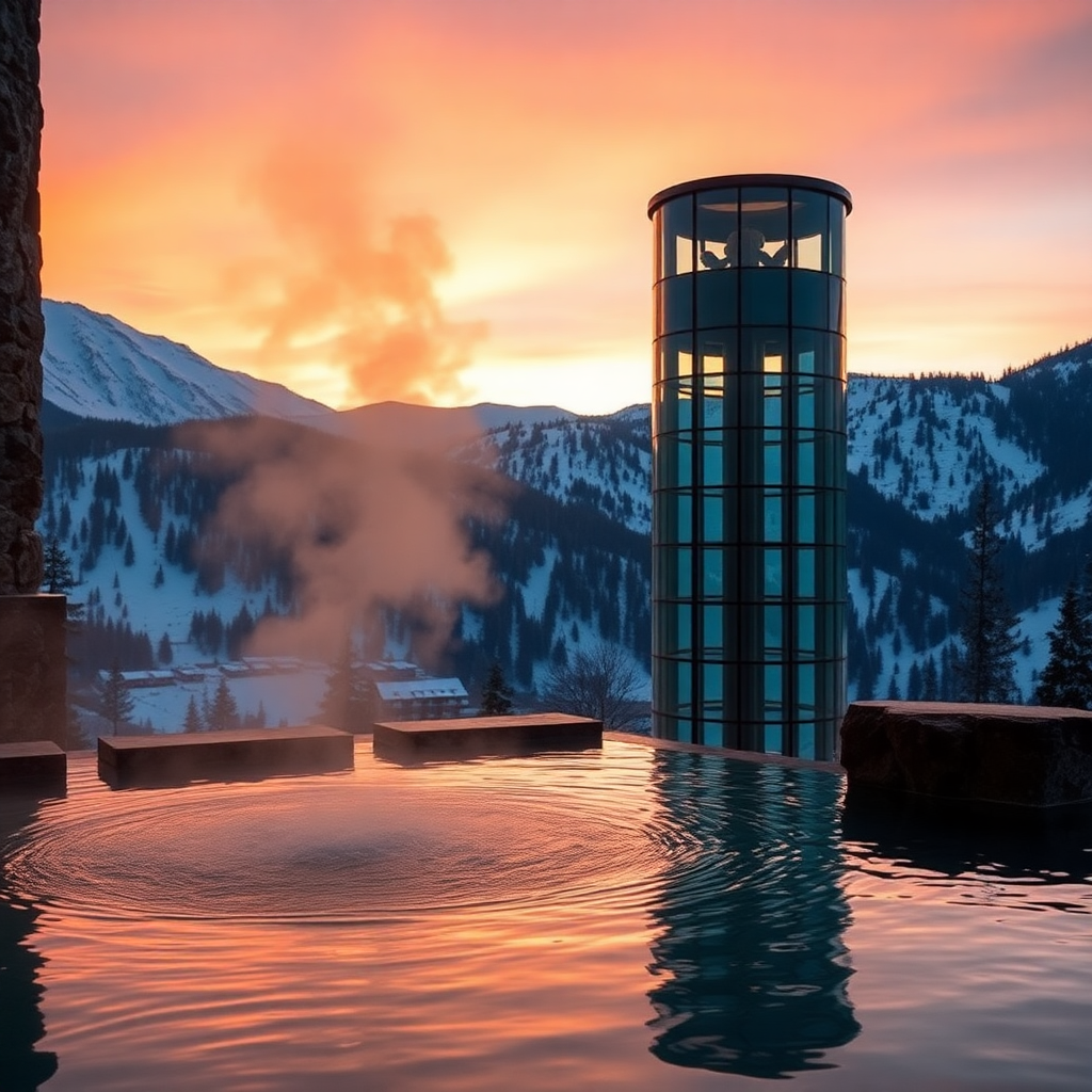 Caldea thermal spa Andorra evening steam glass tower mountain backdrop luxury wellness après-ski editorial photography dark cinematic champagne gold tones post-ski wellness private geothermal lagoon