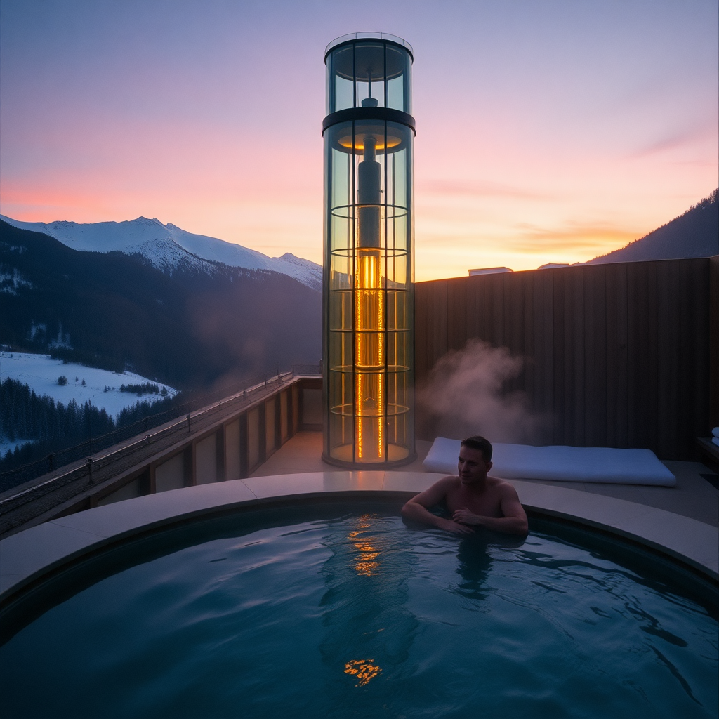Caldea thermal spa Andorra evening steam glass tower mountain backdrop luxury wellness editorial photography dark cinematic champagne gold tones après-ski wellness