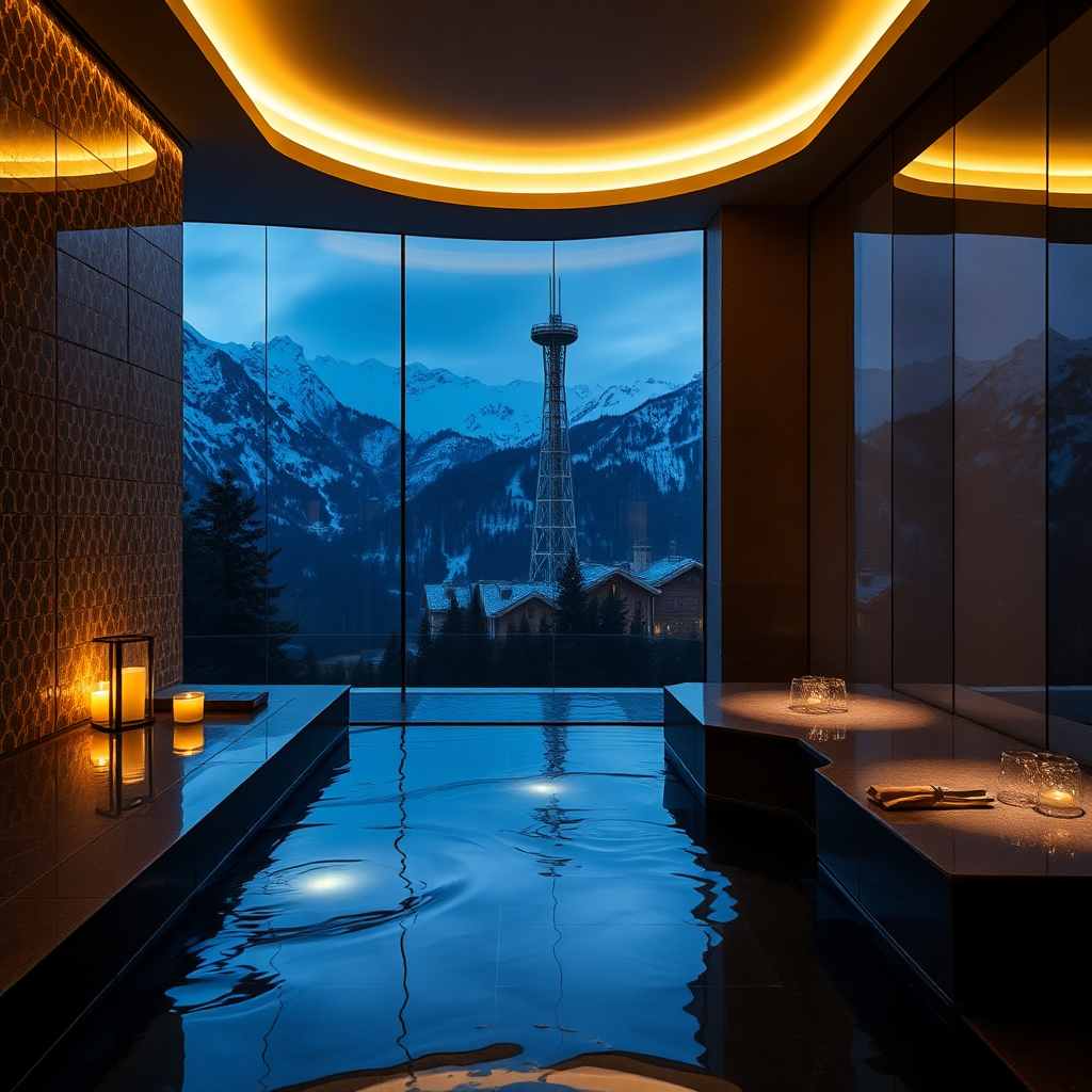 Caldea thermal spa Andorra evening steam glass tower mountain backdrop luxury wellness après-ski editorial photography dark cinematic champagne gold tones post-ski wellness private
