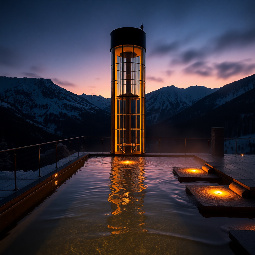Caldea thermal spa Andorra evening steam glass tower mountain backdrop luxury wellness après-ski editorial photography dark cinematic champagne gold tones post-ski wellness private geothermal lagoon warm light