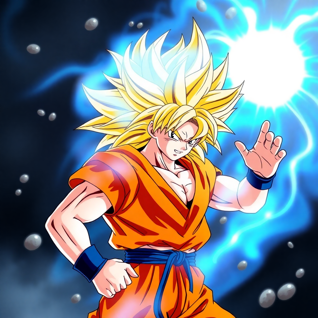 Goku Super Saiyan with spiky golden hair and orange gi, dramatic anime style, energy aura